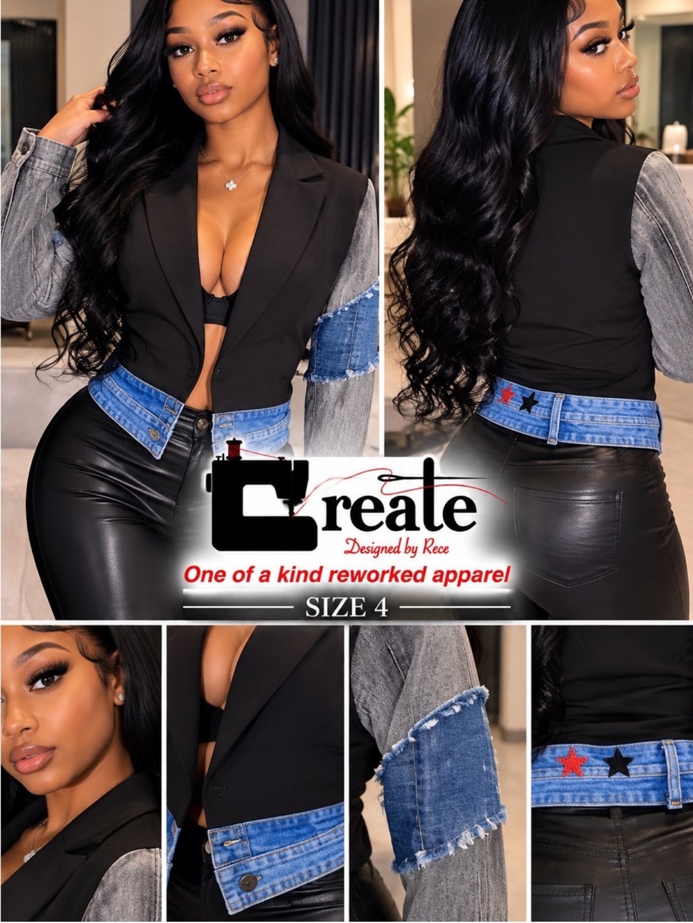 Custom Reworked Denim-Trim Black Blazer Top - Size 4